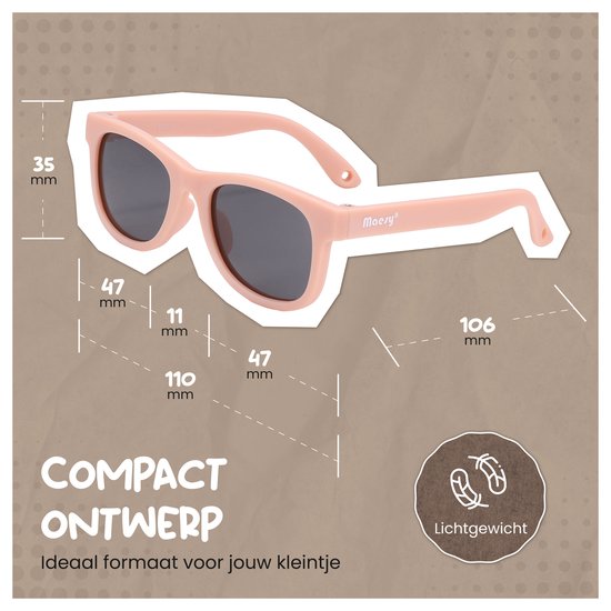 Afmetingen van een lichtroze kinderzonnebril met compact ontwerp: 35mm hoog, 47mm breed per glas, 11mm brug.