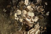 Glasschilderij - 120x80x0.4 - Gouden vrouw met bloemen in het haar