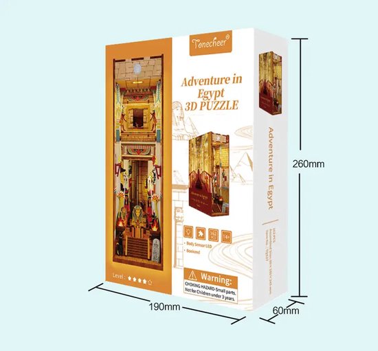 Doos van de 'Adventure in Egypt' 3D puzzel. Afmetingen: 19x26x6 cm. Bevat LED-licht en bewegingssensor.