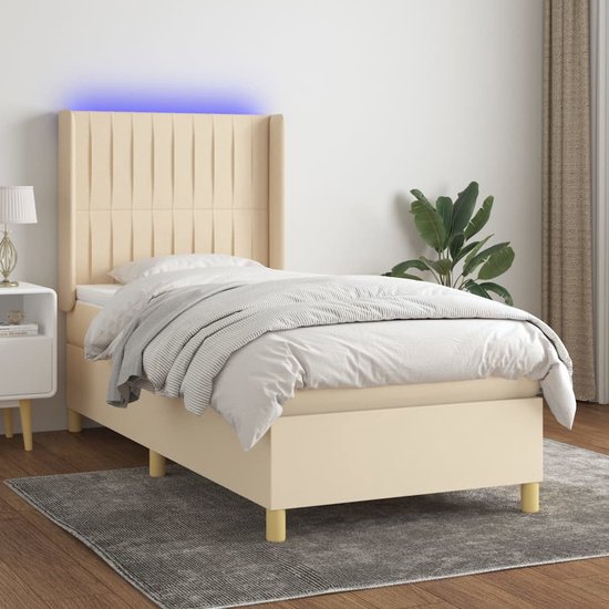 The Living Store Boxspring Creme - 193 x 93 x 118/128 cm - Verstelbaar Hoofdbord - Kleurrijke LED-verlichting - Pocketvering Matras - Huidvriendelijk Topmatras - The Living Store