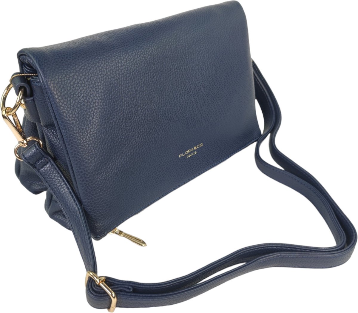 Flora & Co - trendy crossbody handtas met flap - fashion riem - blauw