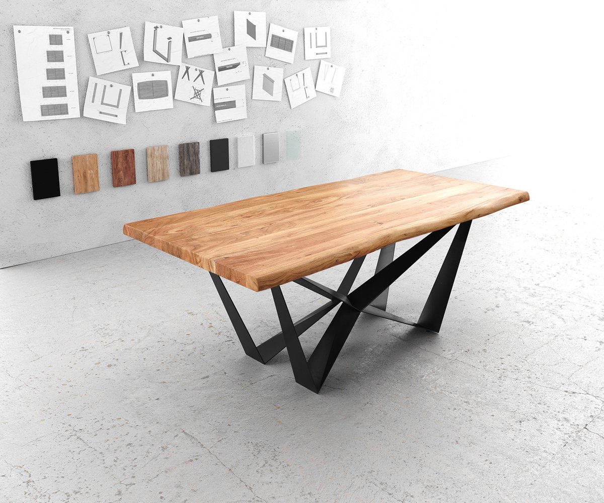 DELIFE Eettafel Edge acacia natuur 200x100 XL Spider vlak staal zwart Live-Edge eettafel Bruin