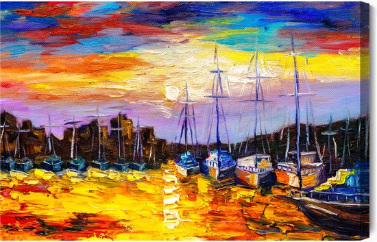 Schilderijkoning - Canvas Schilderij Zeeboten En Zonsondergang - 30 x 20 cm