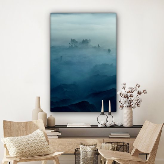 Peinture sur toile - Brouillard - Arbres - Berg - Blauw - Canvasdoek - Photo sur toile - 80x120 cm - Peintures sur toile