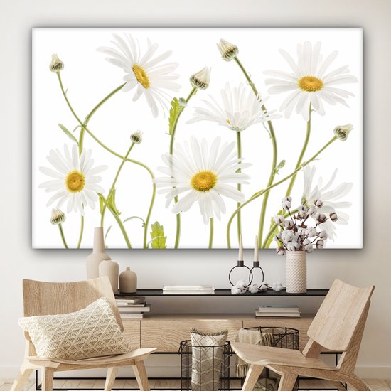 Peinture sur toile - Canvasdoek - Fleurs - Marguerite - Wit - Jaune - Plantes - Décoration murale - 150x100 cm - Photo sur toile