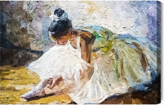 Schilderijkoning - Canvas Schilderij Little Girl, Ballerina In A Lush White Ballet Tutu, Tying Pointe Shoes In The Dance Class, Under Bright Daylight. The Background Is Created With Expressive Strokes. Oil Painting On Canvas. - 40 x 30 cm