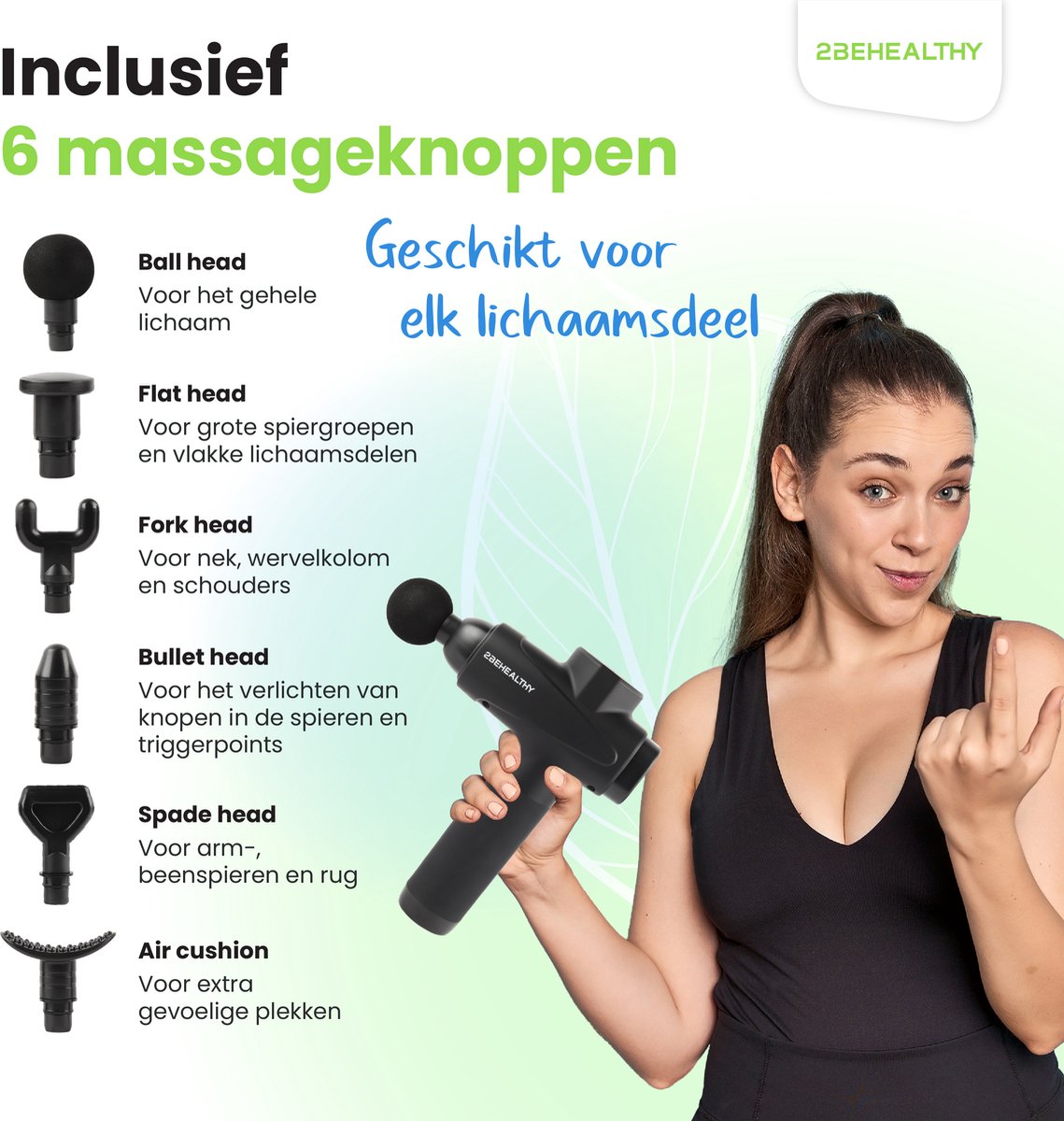 Afbeelding 2 van 2BEHEALTHY Massage Gun Professioneel - Incl. 6 Opzetstukken - 30 Massage Standen - Massage Pistool - Massage Apparaat - Massagegun - Spier Massage - Spieren & Gewrichten - Zwart