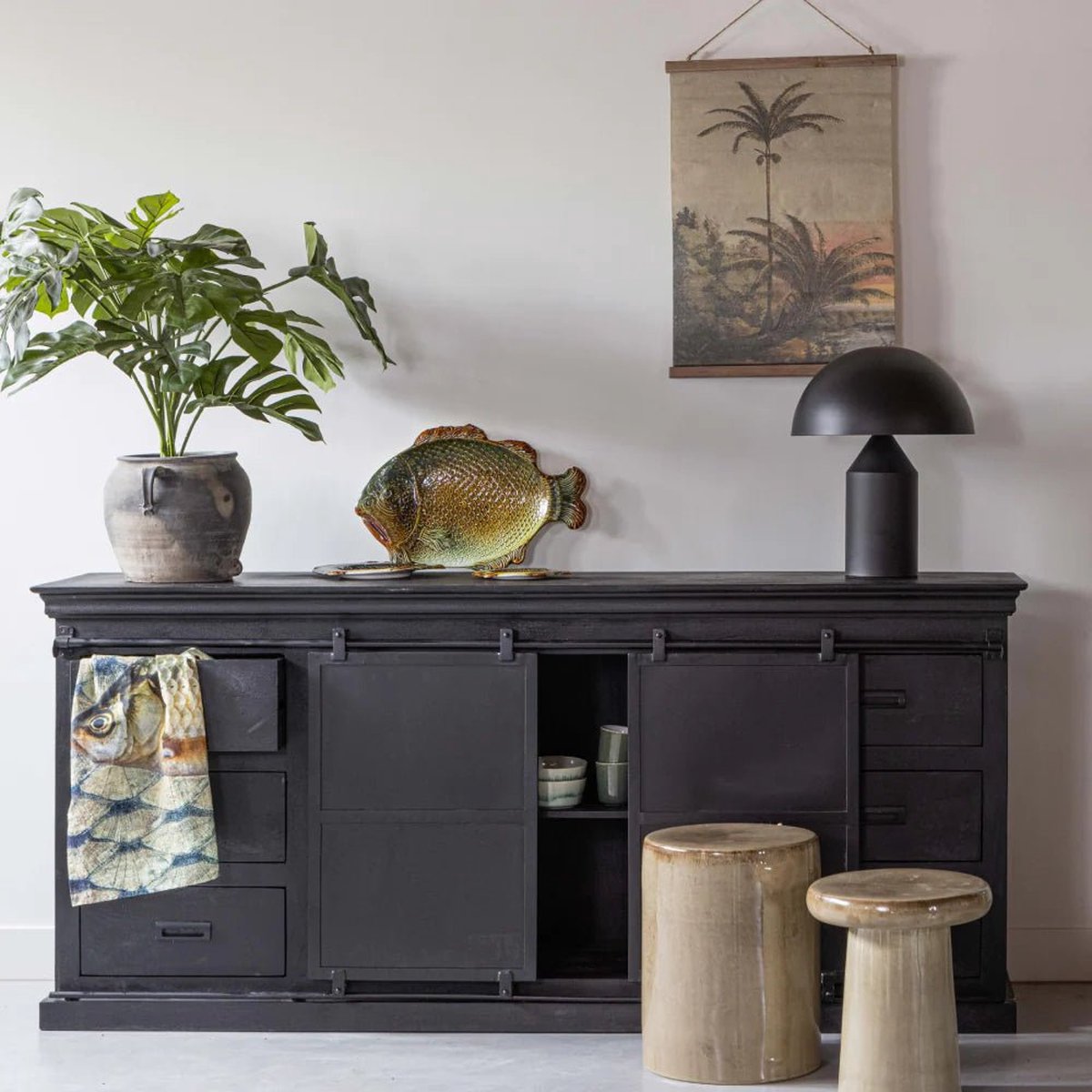 Mangohouten Dressoir Newark Black 190 cm Mahom Industrieel - Dressoir van Mangohout & Metaal - Industriële Dressoir