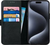 Rosso Deluxe Étui en Cuir véritable pour Apple iPhone 15 Pro Max | Espace pour trois cartes | Étui portefeuille | Avec porte-cartes | Noir