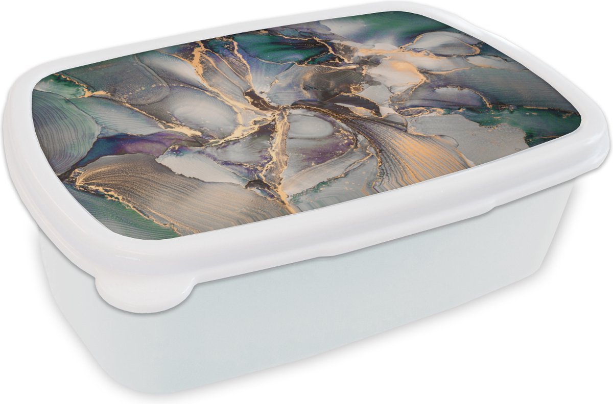 Broodtrommel Wit - Lunchbox - Brooddoos - Goud - Blauw - Marmer - 18x12x6 cm - Volwassenen