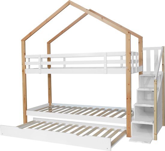 Merax Stapelbed 90x200 cm - Bed voor 3 Personen - Kinderbed met Opbergruimte - Huisbed met Trap en Uitvalbeveiliging - Wit