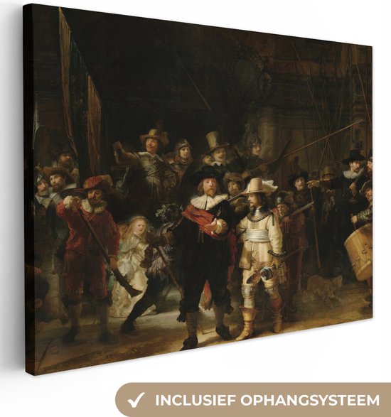 Canvas - Schilderij De nachtwacht - Kunst - Oude meesters - Rembrandt - 160x120 cm - Wanddecoratie - Woonkamer