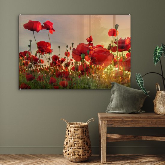 Peinture sur verre Fleurs - Coquelicots - Rouge - Coucher de soleil - Peintures de salon - Photo sur verre - Plaque de verre - Décoration de chambre - 120x80 cm - Décoration murale - Décoration murale - Chambre - Peinture sur verre