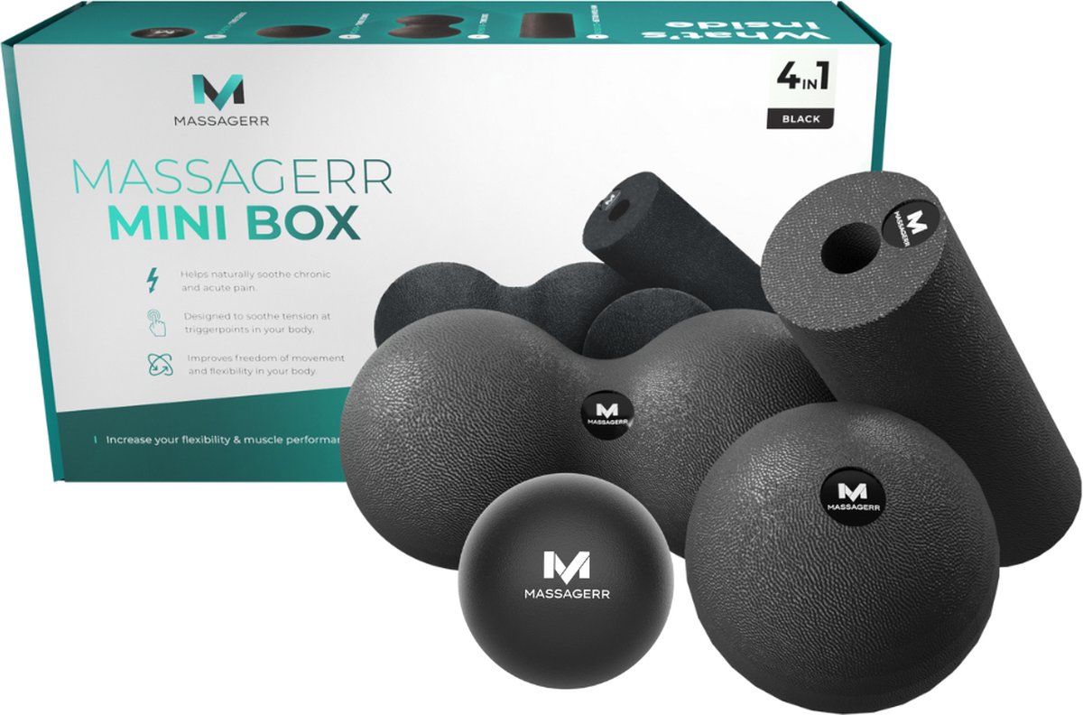 Goedkoopste Massagerr® Mini Box – Massage Bal, Duo Massagebal & Mini Foam Roller – Massage Roller – Fascia - Fitness - Triggerpoint Massage Set – Incl. Stressbal - Zwart