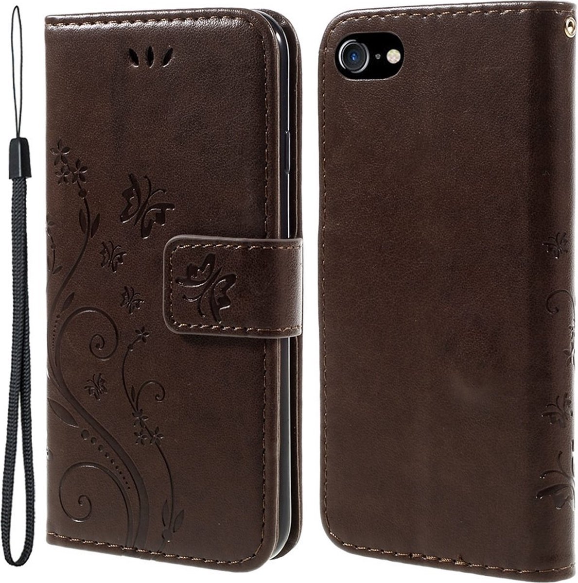Bloemen & Vlinders Book Case - Geschikt voor iPhone SE (2022/2020), iPhone 8 / 7 Hoesje - Bruin