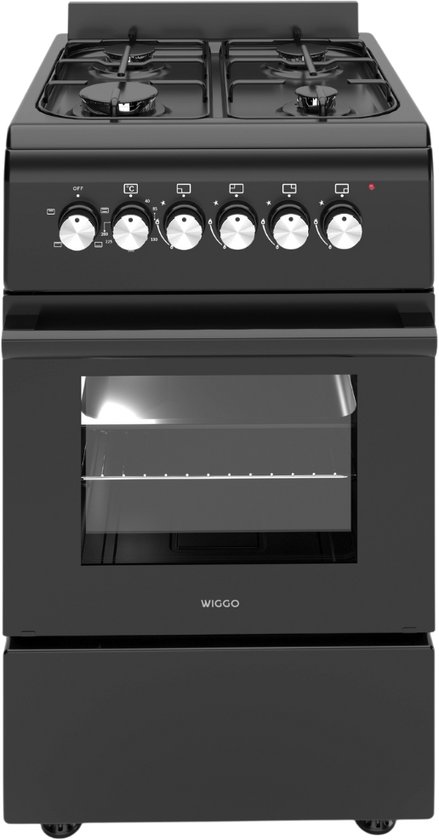 Wiggo - WO-E503A(BB) - Vrijstaand - Gasfornuis met oven - 50cm breed - 52 Liter - 4 pitten - Energieklasse A - 5 jaar garantie - Zwart