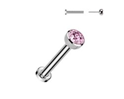 Piercing titanium CZ steen push in 1.2x6x3 - zilver roze - LMPiercings