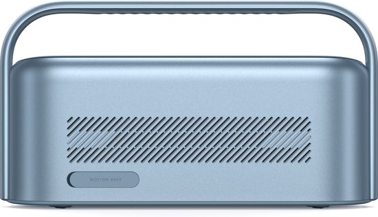 Achterkant van de blauwe Soundcore Motion X600 speaker met een grille en de tekst 'MOTION X600'.
