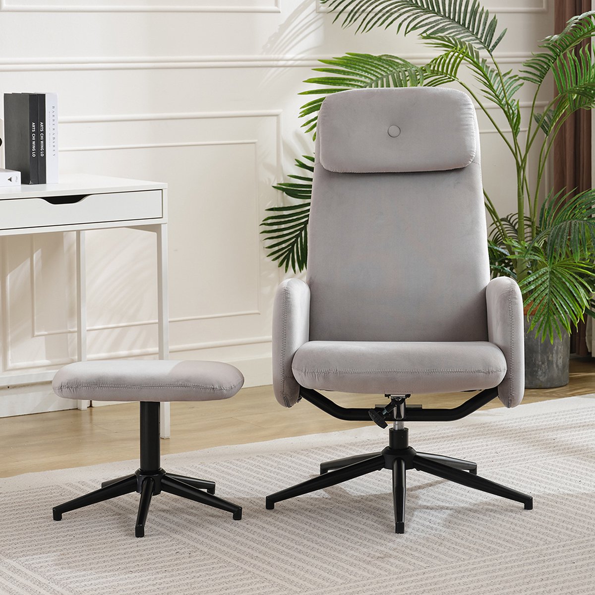 KOMHTOM Fauteuil schommelstoel ergonomische zitting kussen inbegrepen voetensteun rubberen Teddy fluweel wit