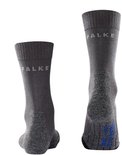 Falke wandelsokken, voor- en achterkant zichtbaar, grijs gemêleerd met blauwe Falke-print op de zool.