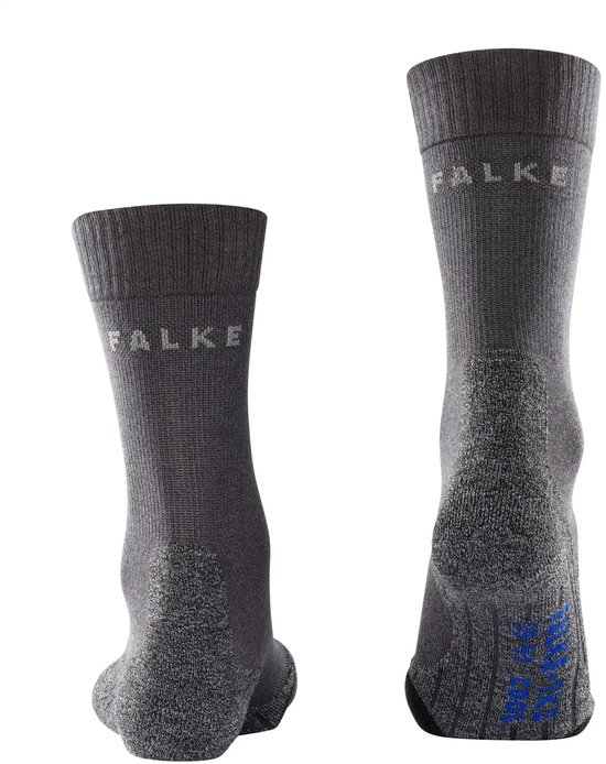Falke wandelsokken, voor- en achterkant zichtbaar, grijs gemêleerd met blauwe Falke-print op de zool.