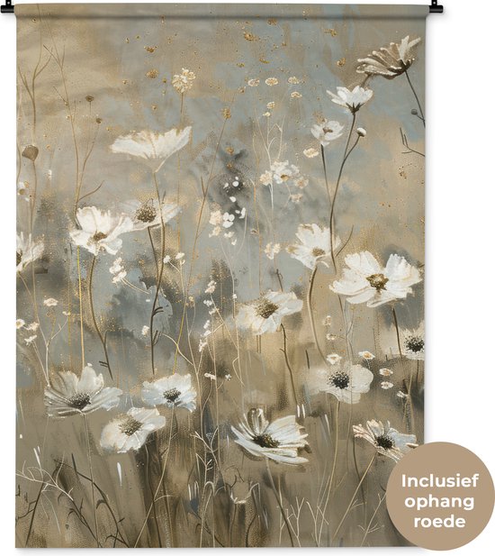 Wandkleed met witte bloemen, grijs en beige achtergrond. Tekst: 'Inclusief ophang roede'.
