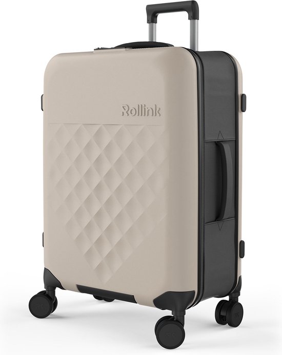 Valise Rollink beige clair avec côtés gris anthracite, motif losange, roues et poignée noirs.
