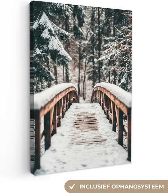 Canvas schilderij 90x140 cm - Wanddecoratie Brug - Winterlandschap - Bos - Natuur - Sneeuw - Muurdecoratie woonkamer - Slaapkamer decoratie - Kamer accessoires - Schilderijen op canvas