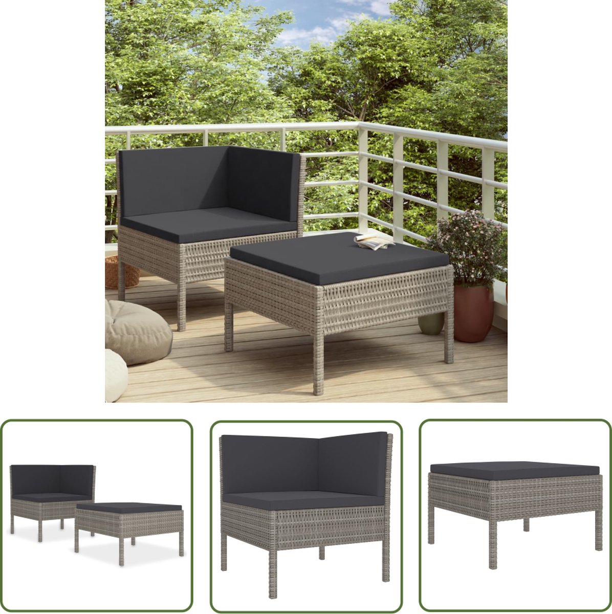 The Living Store 2-delige Loungeset in poly rattan grijs met kussens.