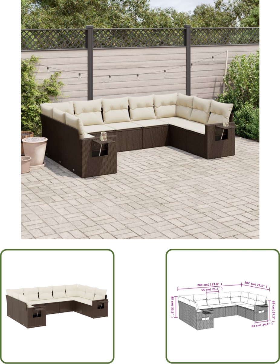 Bruine poly rattan loungeset met kussens voor buiten - Tuinmeubilair.