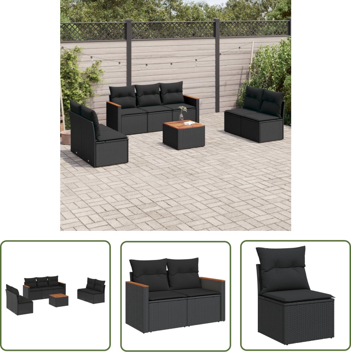 The Living Store 8-delige Loungeset met kussens poly rattan zwart - Loungeset - Lounge Set - Buitendiner - Tuinlounge - Loungebank