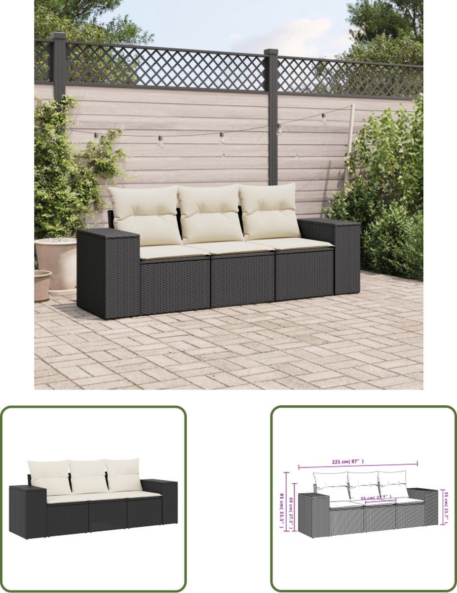 Moderne zwarte poly rattan loungeset met kussens - tuinmeubels.