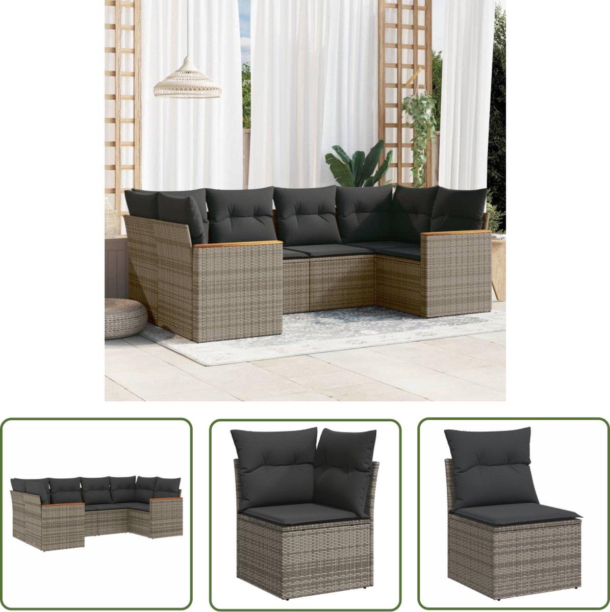The Living Store 6-delige Loungeset met kussens poly rattan grijs - Loungeset - Tuinset - Lounge - Outdoor Furniture - Garden Furniture