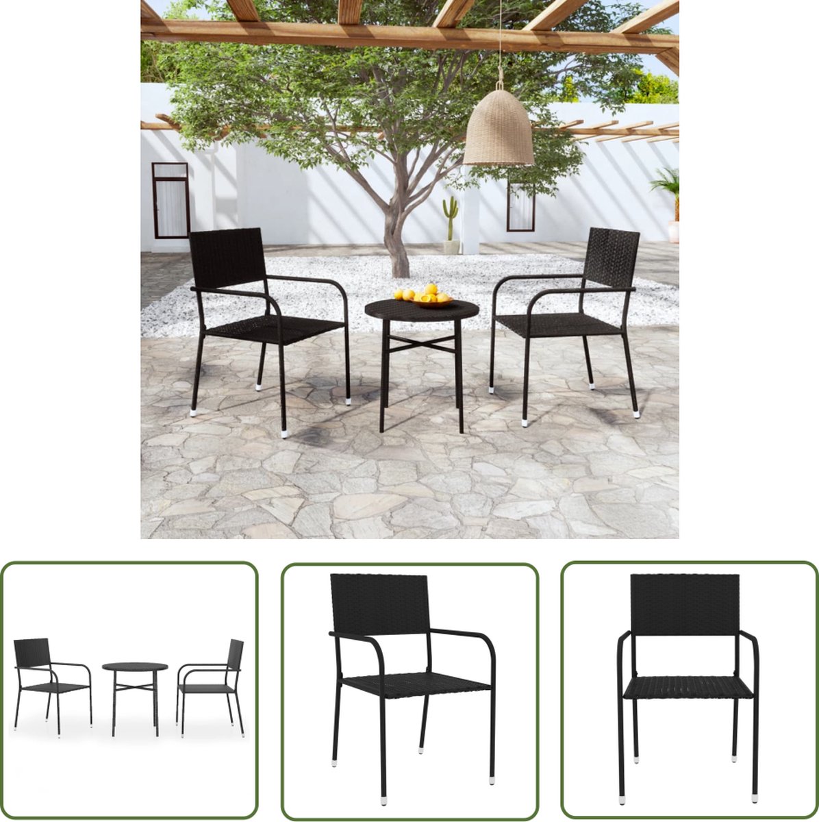 The Living Store 3-delige Tuinset poly rattan zwart - Tuinstoel - Tuintafel - Buitendecor - Outdoor Furniture - Lounge Set
