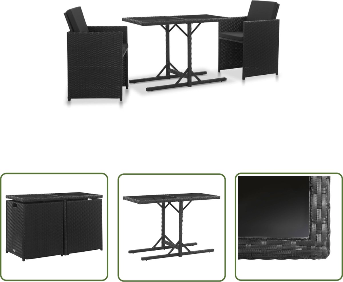 The Living Store 3-delige Tuinset met kussens poly rattan zwart - Tuinstoel - Eetkamerset - Buitendiner - Lounge Set - Ratan Meubilair