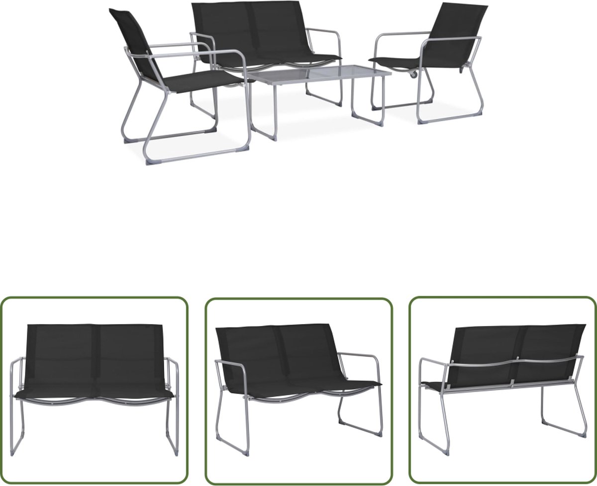The Living Store 4-delige Loungeset stof en staal zwart - Tuinmeubles - Loungestoel - Buitendecoratie - Buitenleven - Terrassenset