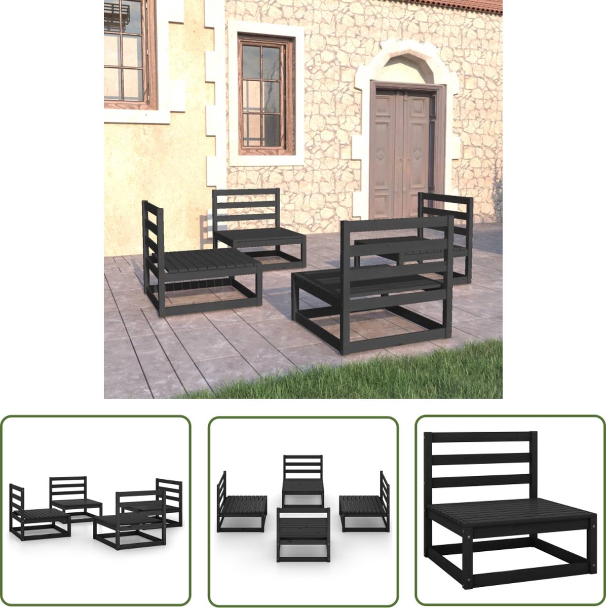 The Living Store 4-delige Loungeset massief grenenhout zwart - Loungeset - Tuinmeubel - Houten Lounge - Zwarte Loungestoel - Buitendrank