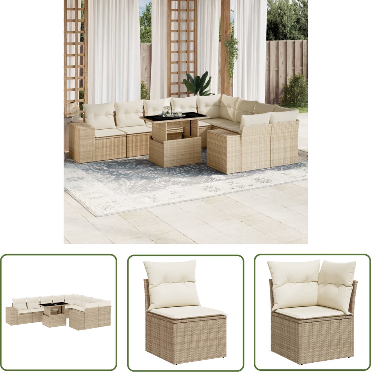 Tuin loungeset met beige kussens en poly rattan weving - The Living Store