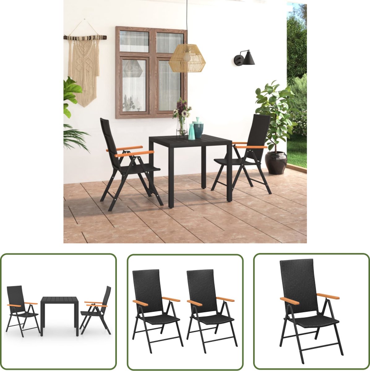 The Living Store 3-delige Tuinset zwart en bruin - Tuinmeubelset - Lounge Set - Buitentijnen - Eetkamerset - Hkc