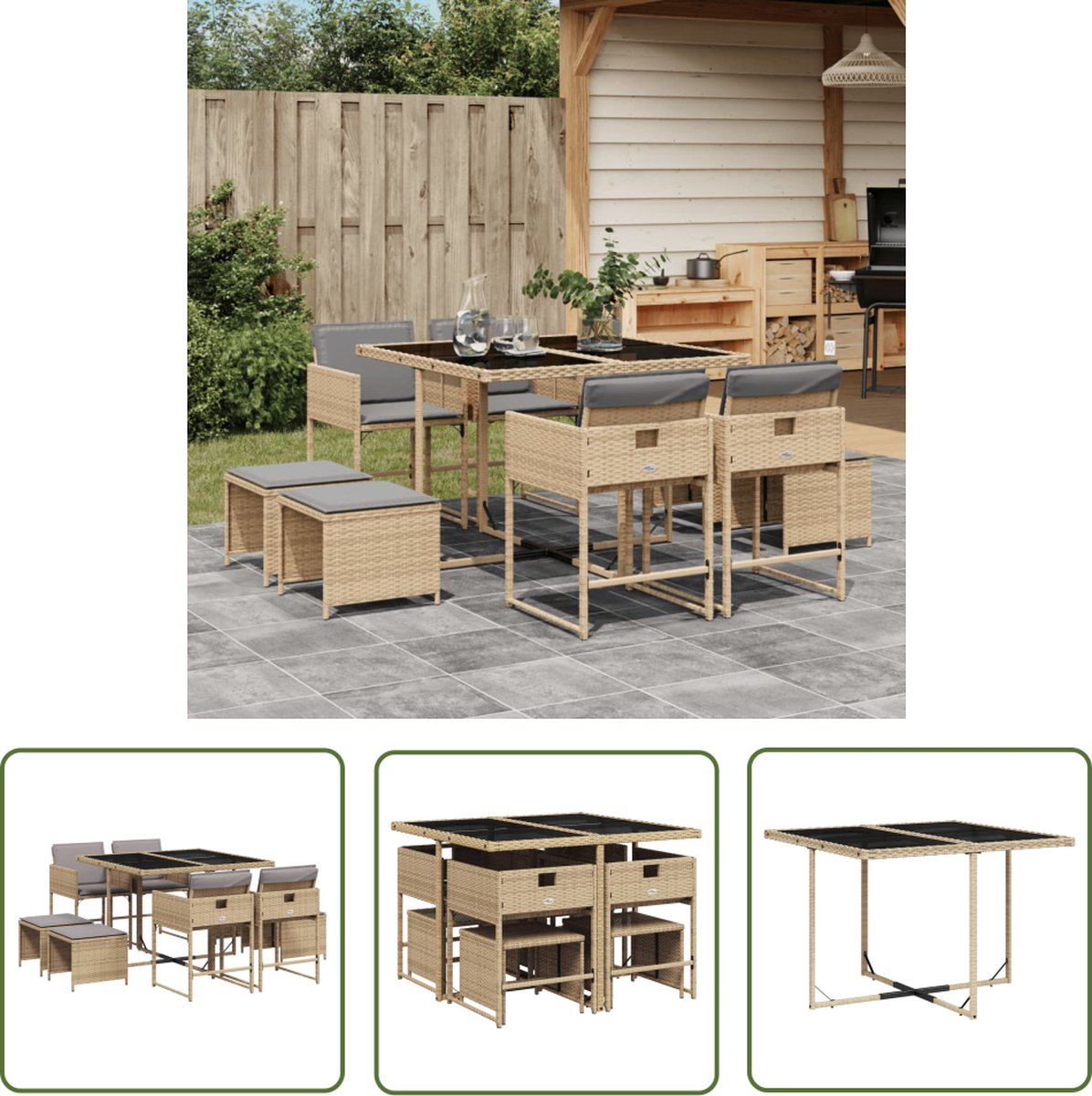 The Living Store 9-delige Tuinset met beige kussens en poly rattan.