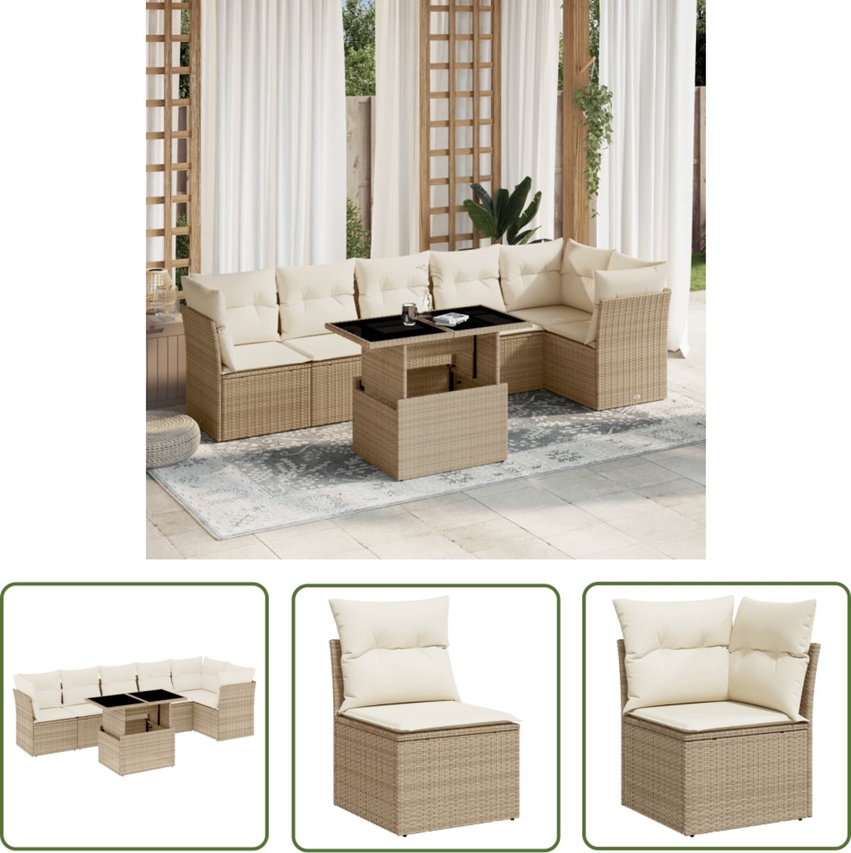 The Living Store 7-delige Loungeset met kussens poly rattan beige - Loungebank - Lounge Set - Tuinstoel - Buitentafel - Outdoor Furniture