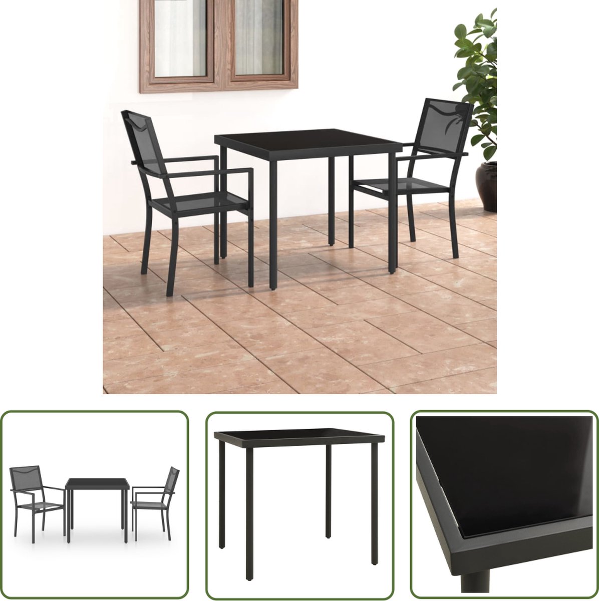 The Living Store 3-delige Tuinset staal - Tuinstoel - Eetkamerset - Buitentijd - Tuintafel - Lounge Set