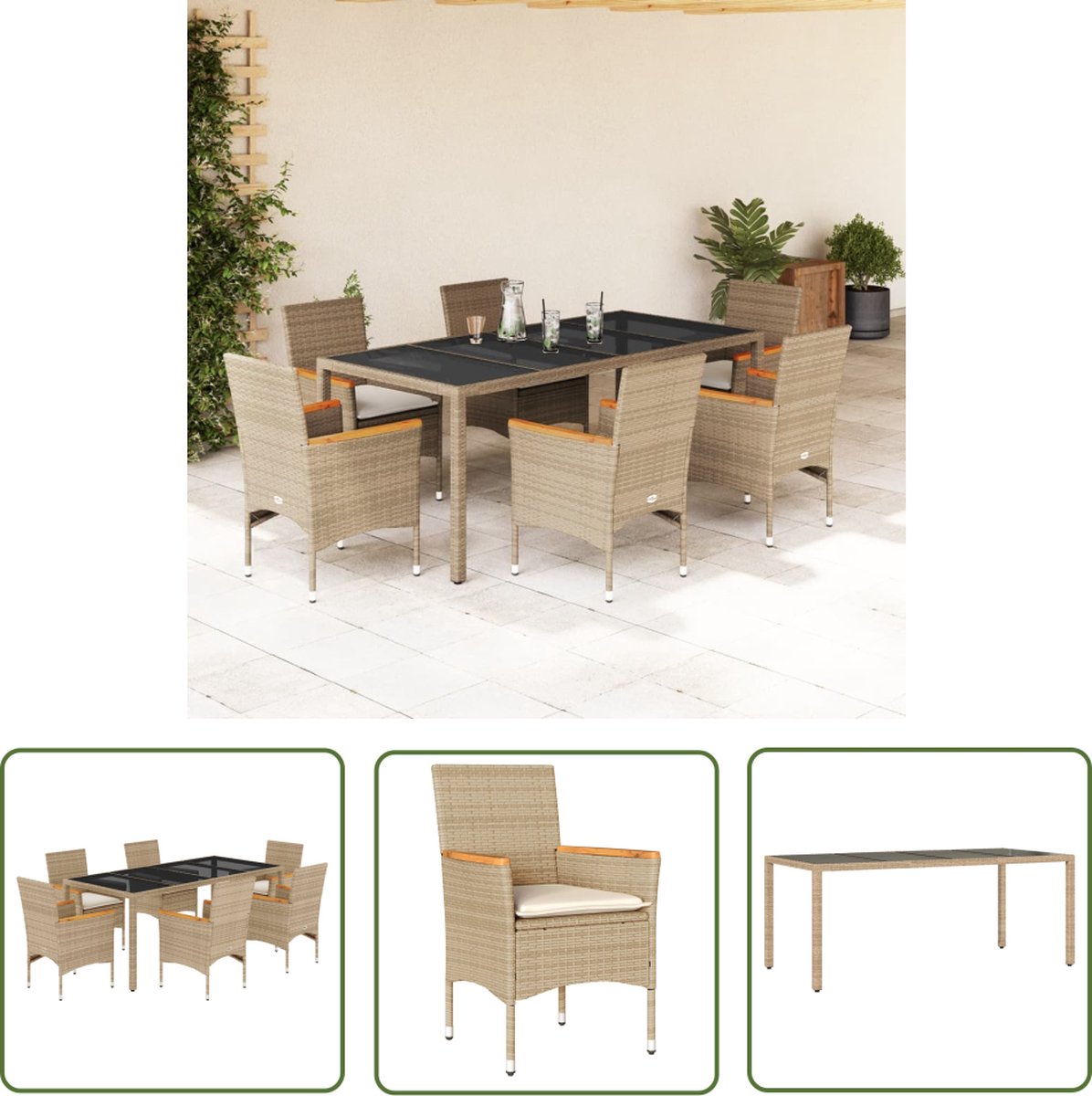 Tuinset met beige poly rattan kussens en glazen tafel - Buitenmeubilair.