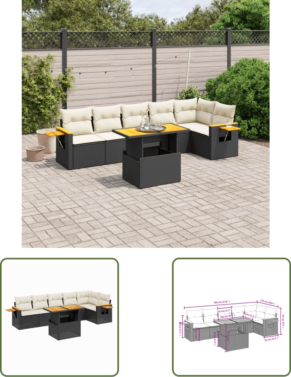 The Living Store 7-delige Loungeset met kussens poly rattan zwart - Loungeset - Tuinset - Lounge Set - Buitendecoratie - Outdoor Furniture
