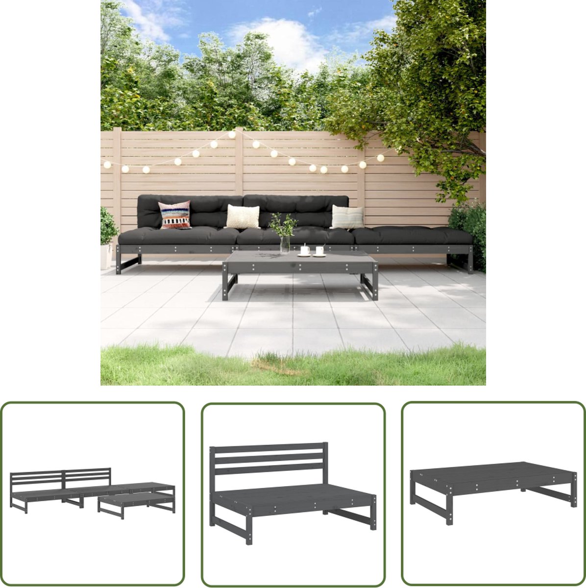 Loungeset van massief grijs grenenhout voor tuin - The Living Store.