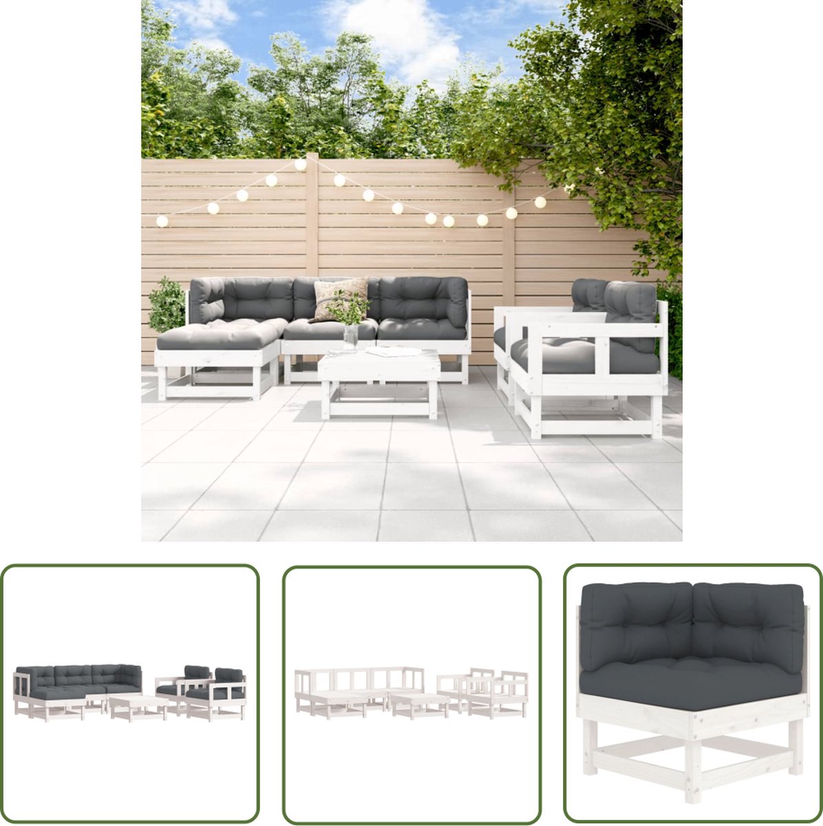 The Living Store 7-delige Loungeset met kussens massief hout wit - Loungeset - Tuinset - Hout - Grenenhout - Lounge Bank