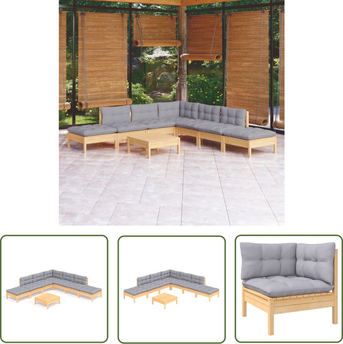 The Living Store 8-delige Loungeset met grijze kussens grenenhout - Tuin Lounge Set - Loungebank - Tuinset - Hout - Grenenhout