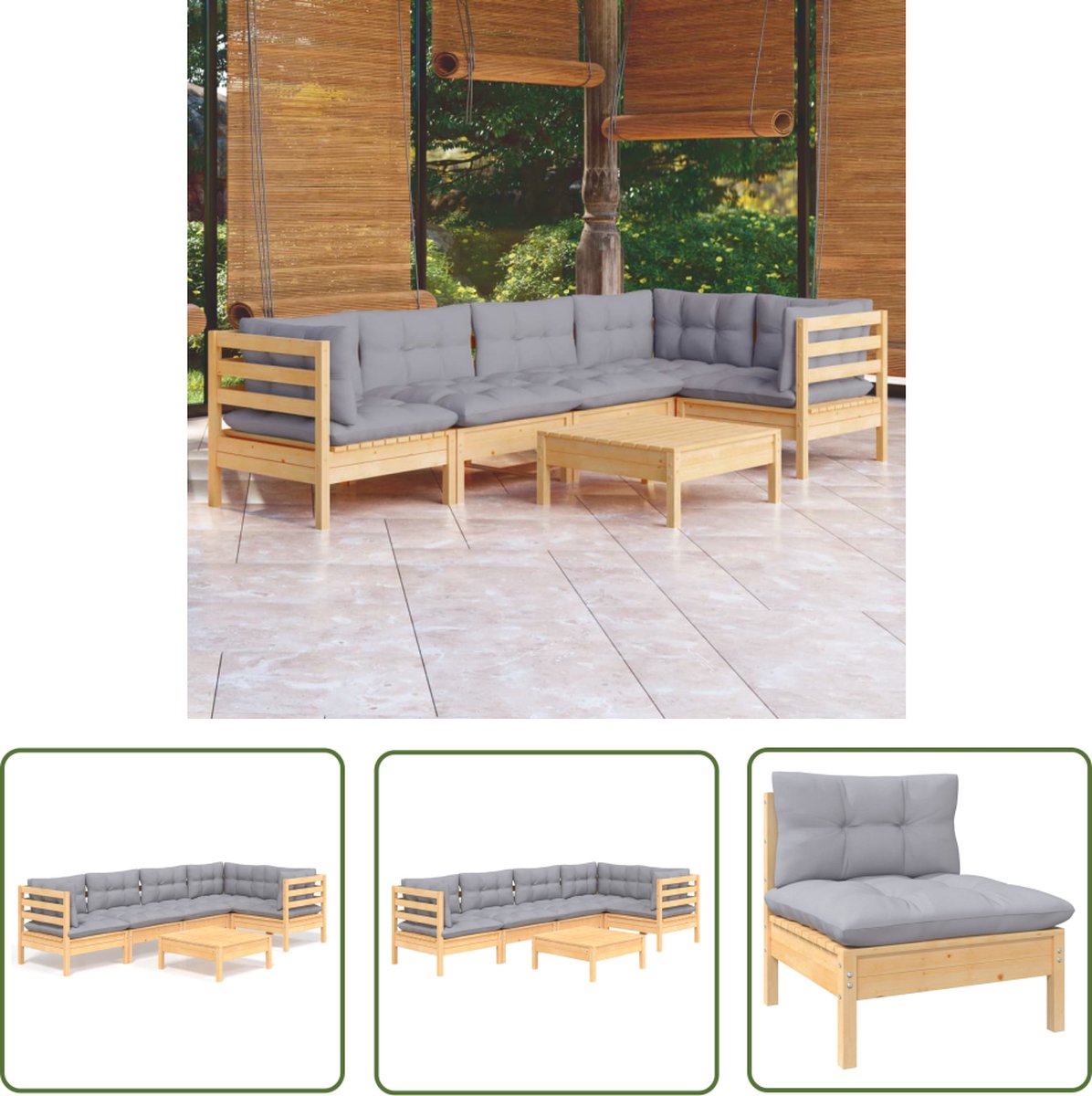 The Living Store 6-delige Loungeset met grijze kussens grenenhout - Tuinlounge - Lounge Set - Tuinset - Grenenhouten Meubel - Loungebank