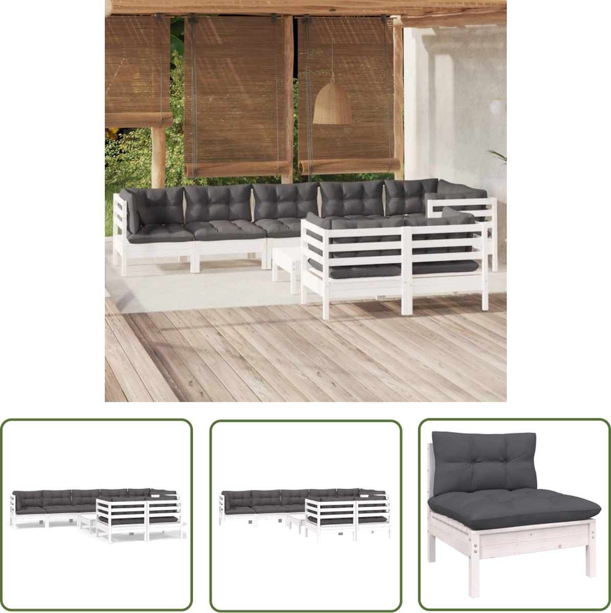 The Living Store 9-delige Loungeset met kussens massief grenenhout wit - Loungeset - Tuinset - Houten Lounge - Grenenhout - Loungebank
