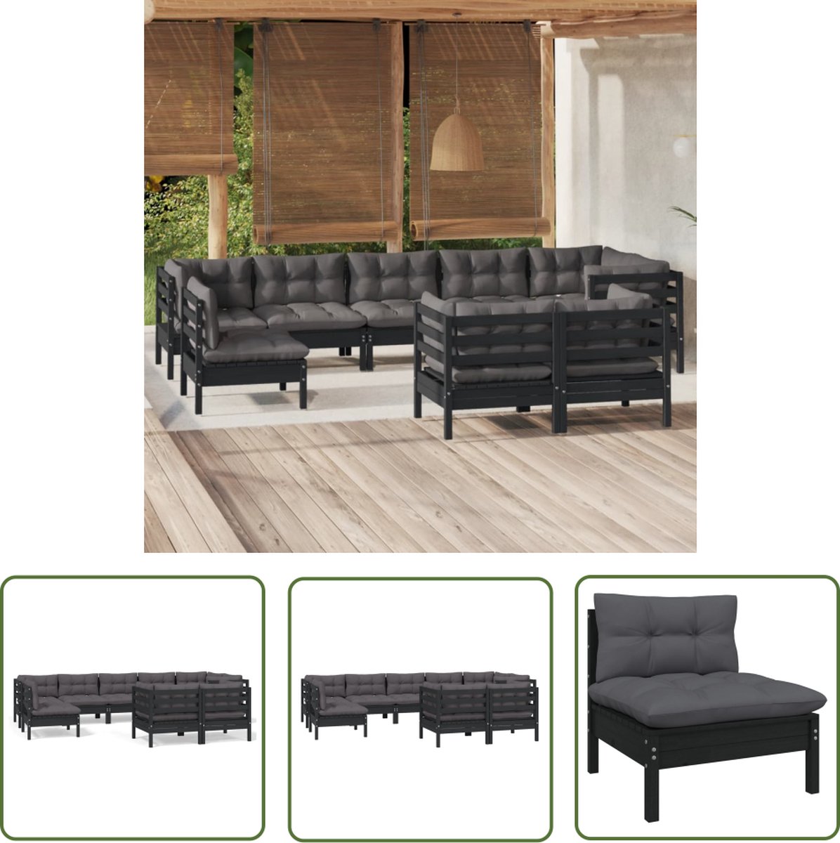 Zwarte massief grenenhouten loungeset met kussens - Tuinmeubilair - The Living Store.